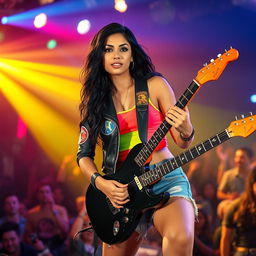 In an electrifying concert setting, a beautiful young Latina rocker is depicted playing her electric guitar with passion and intensity