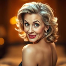 A stunning 50-year-old woman, directly facing the camera with a surprised expression on her face