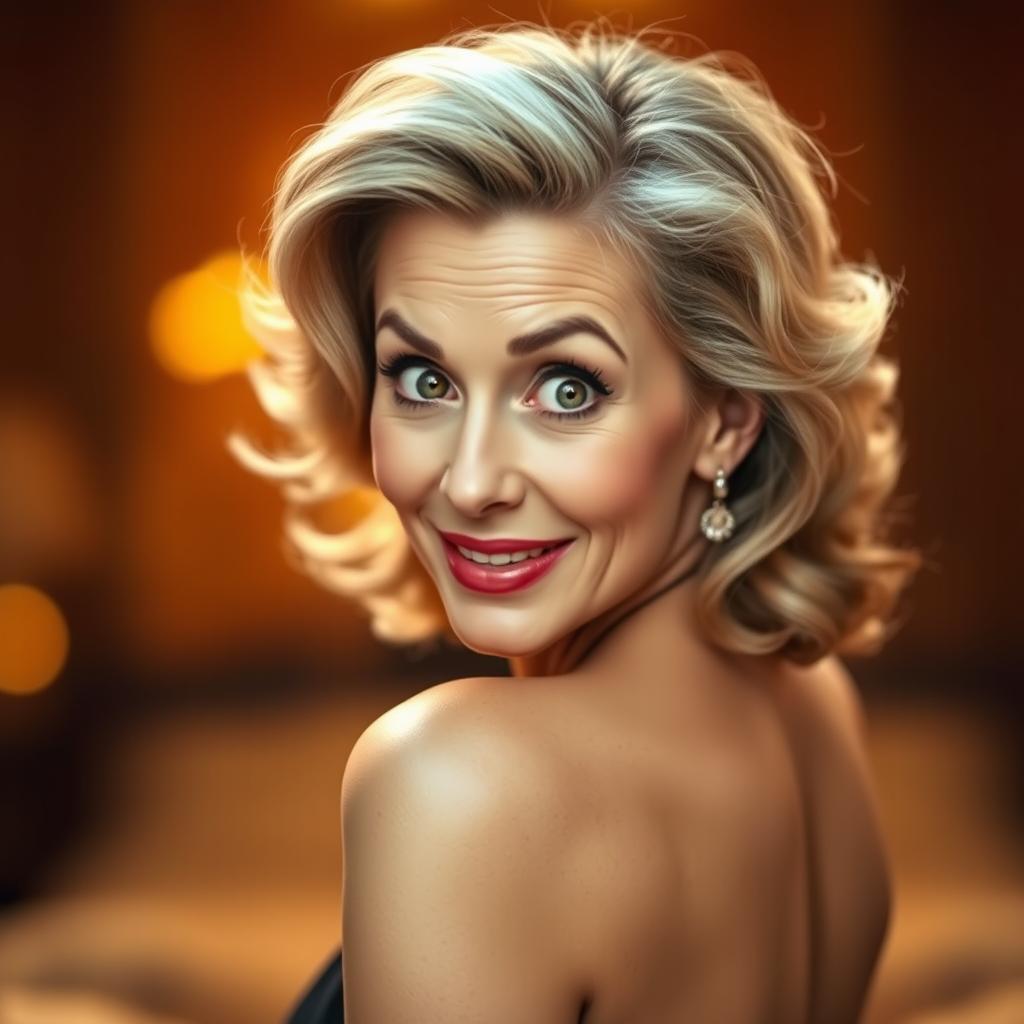 A stunning 50-year-old woman, directly facing the camera with a surprised expression on her face