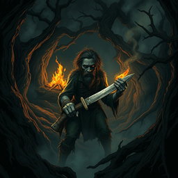 A haunting and eerie illustration of a cannibal in a dark, twisted forest