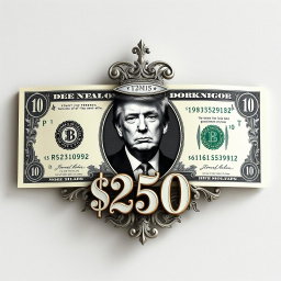 A visually striking and imaginative design of a $250 banknote, featuring a prominent black and white portrait of Donald Trump at its center