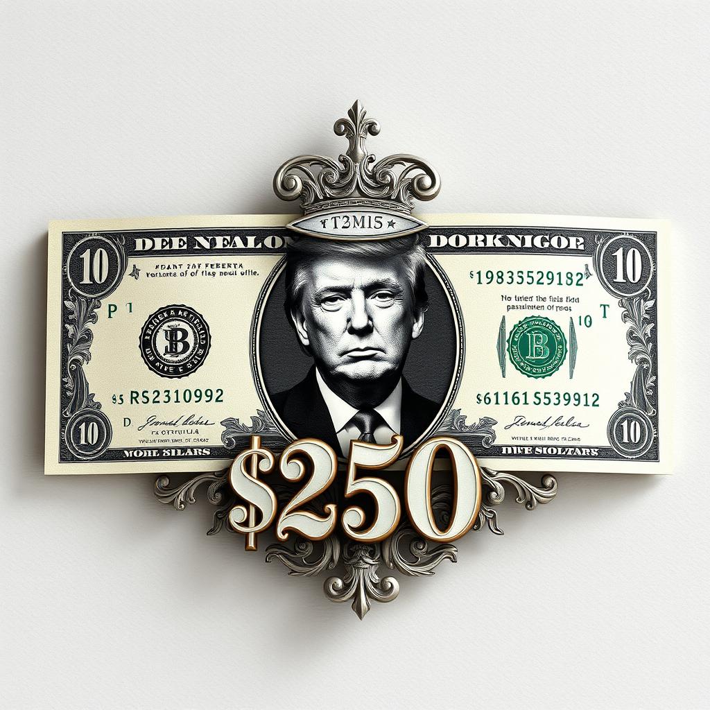 A visually striking and imaginative design of a $250 banknote, featuring a prominent black and white portrait of Donald Trump at its center