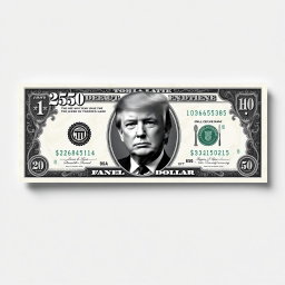 A visually striking and imaginative design of a $250 banknote, featuring a prominent black and white portrait of Donald Trump at its center