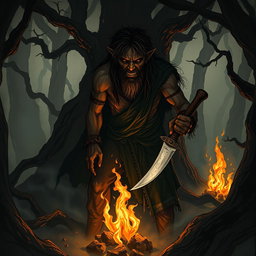 A haunting and eerie illustration of a cannibal in a dark, twisted forest