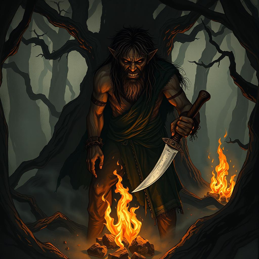 A haunting and eerie illustration of a cannibal in a dark, twisted forest