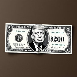 A visually striking and imaginative design of a $250 banknote, featuring a prominent black and white portrait of Donald Trump at its center