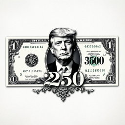 A visually striking and imaginative design of a $250 banknote, featuring a prominent black and white portrait of Donald Trump at its center