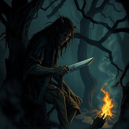 A haunting and eerie illustration of a cannibal in a dark, twisted forest