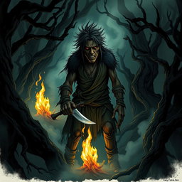 A haunting and eerie illustration of a cannibal in a dark, twisted forest