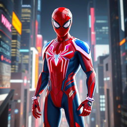 A futuristic, computer-generated Spider-Man character, featuring a sleek and modern spider suit with vibrant red and blue colors