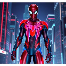 A futuristic, computer-generated Spider-Man character, featuring a sleek and modern spider suit with vibrant red and blue colors