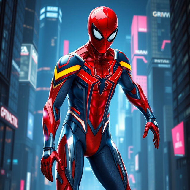 A futuristic, computer-generated Spider-Man character, featuring a sleek and modern spider suit with vibrant red and blue colors