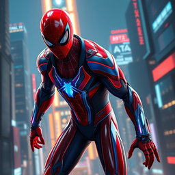 A futuristic, computer-generated Spider-Man character, featuring a sleek and modern spider suit with vibrant red and blue colors