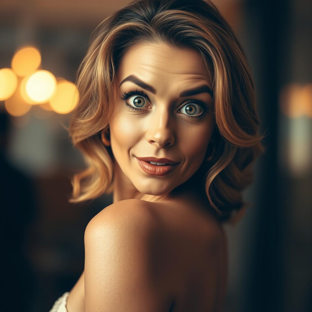 A beautiful 50-year-old woman, facing the camera with a surprised expression that captures her enchanting features