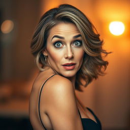 A beautiful 50-year-old woman, facing the camera with a surprised expression that captures her enchanting features