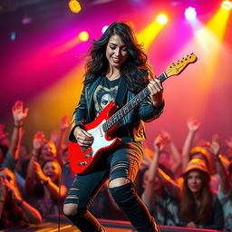 In a captivating concert ambiance, a beautiful young Latina rocker is passionately playing her electric guitar on stage