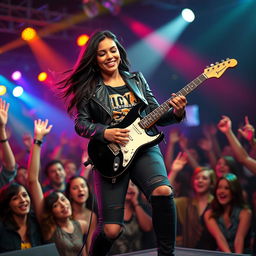 In a captivating concert ambiance, a beautiful young Latina rocker is passionately playing her electric guitar on stage