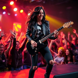 In a captivating concert ambiance, a beautiful young Latina rocker is passionately playing her electric guitar on stage