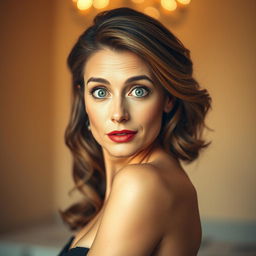 A beautiful 50-year-old woman, standing frontally and looking directly at the camera with a surprised expression that radiates charm and allure