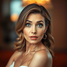 A beautiful 50-year-old woman, standing frontally and looking directly at the camera with a surprised expression that radiates charm and allure