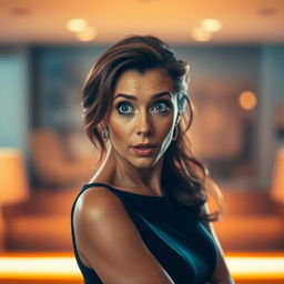 A beautiful 50-year-old woman, standing frontally and looking directly at the camera with a surprised expression that radiates charm and allure