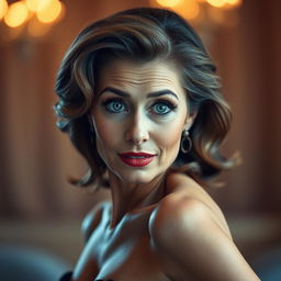 A beautiful 50-year-old woman, facing the camera with an expression of surprise that reveals her striking features