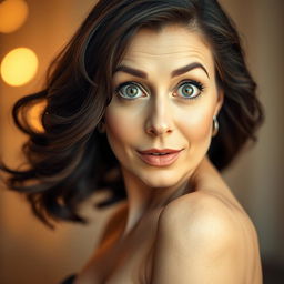 A beautiful 50-year-old woman, facing the camera with an expression of surprise that reveals her striking features