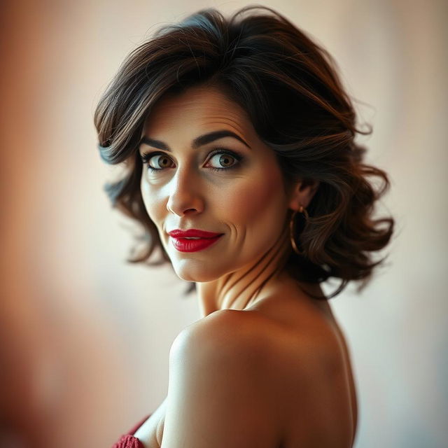 A beautiful 50-year-old woman, facing the camera with an expression of surprise that reveals her striking features