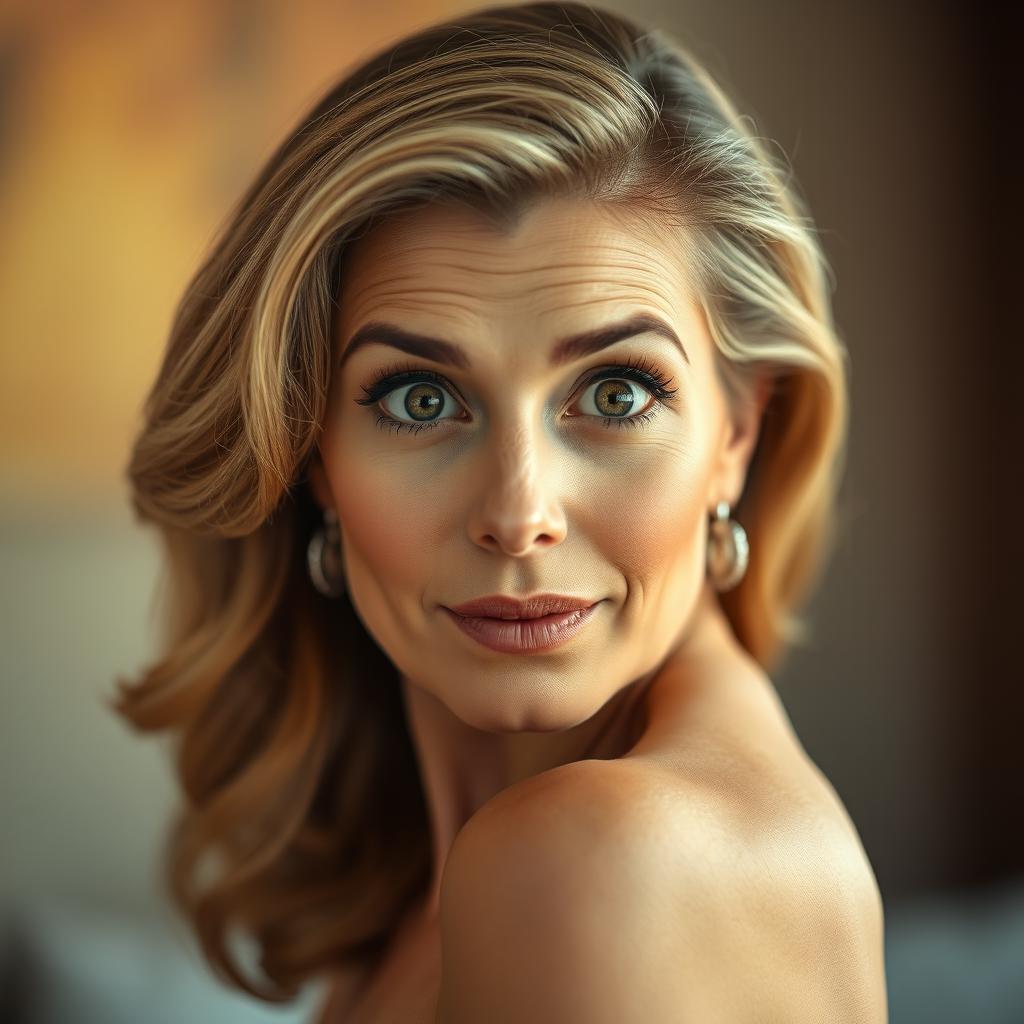 A beautiful 50-year-old woman, facing the camera with an expression of surprise that reveals her striking features