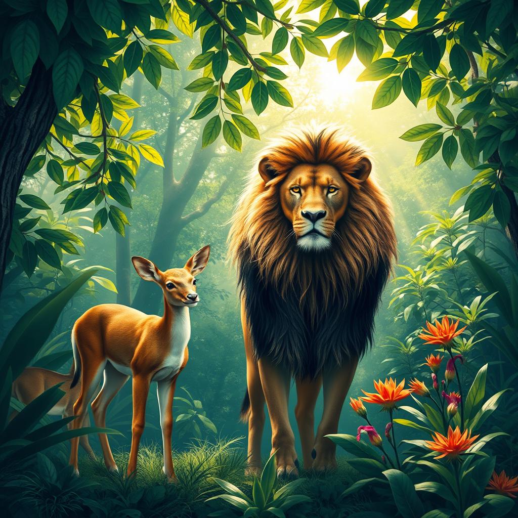 A serene scene depicting a deer standing gracefully beside a majestic lion in a lush jungle setting