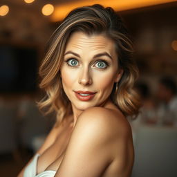 A stunning 50-year-old woman with a captivating surprised expression, facing directly towards the camera