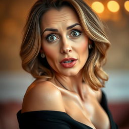 A stunning 50-year-old woman with a captivating surprised expression, facing directly towards the camera