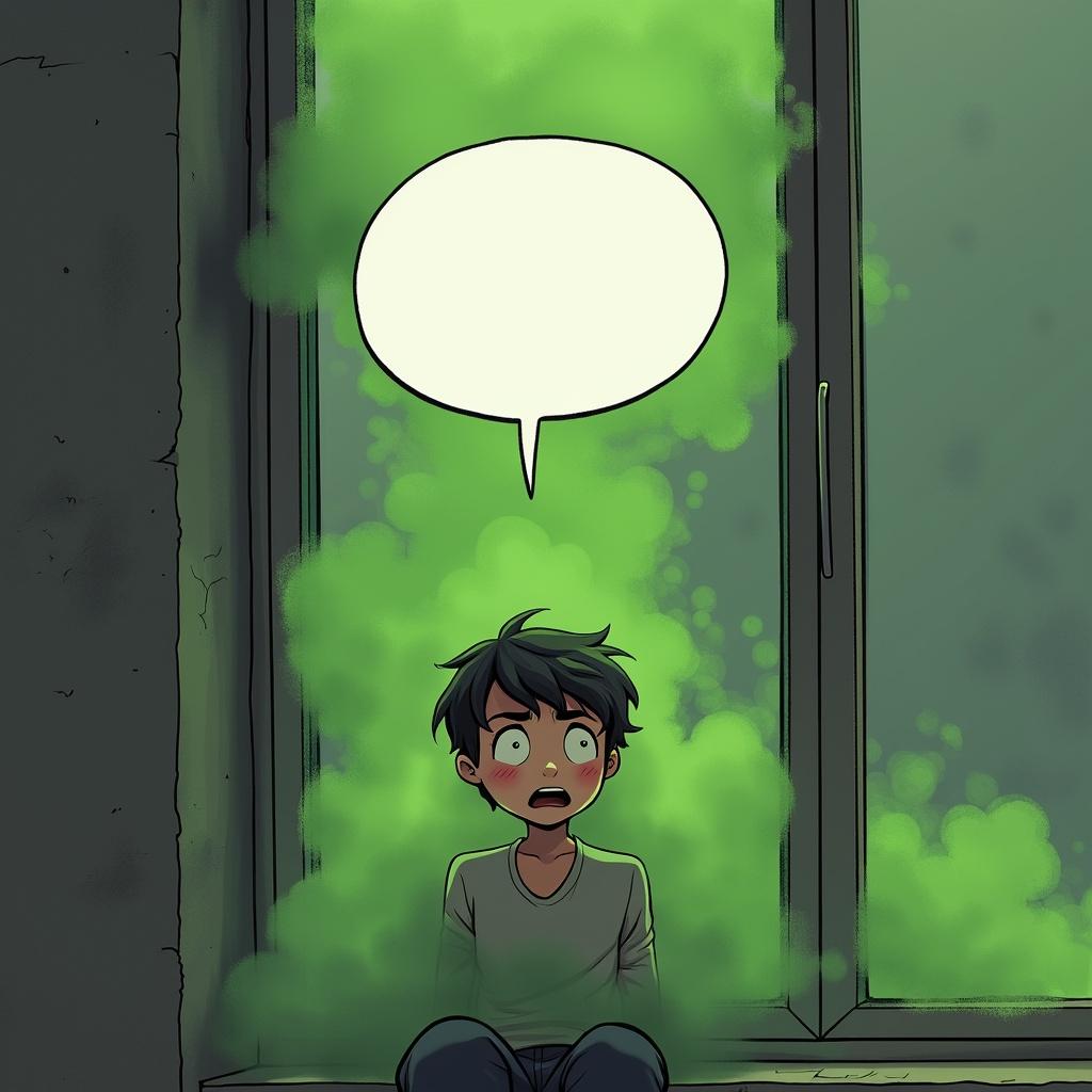 A person sitting by a window with a look of surprise as green fog gently presses against the glass