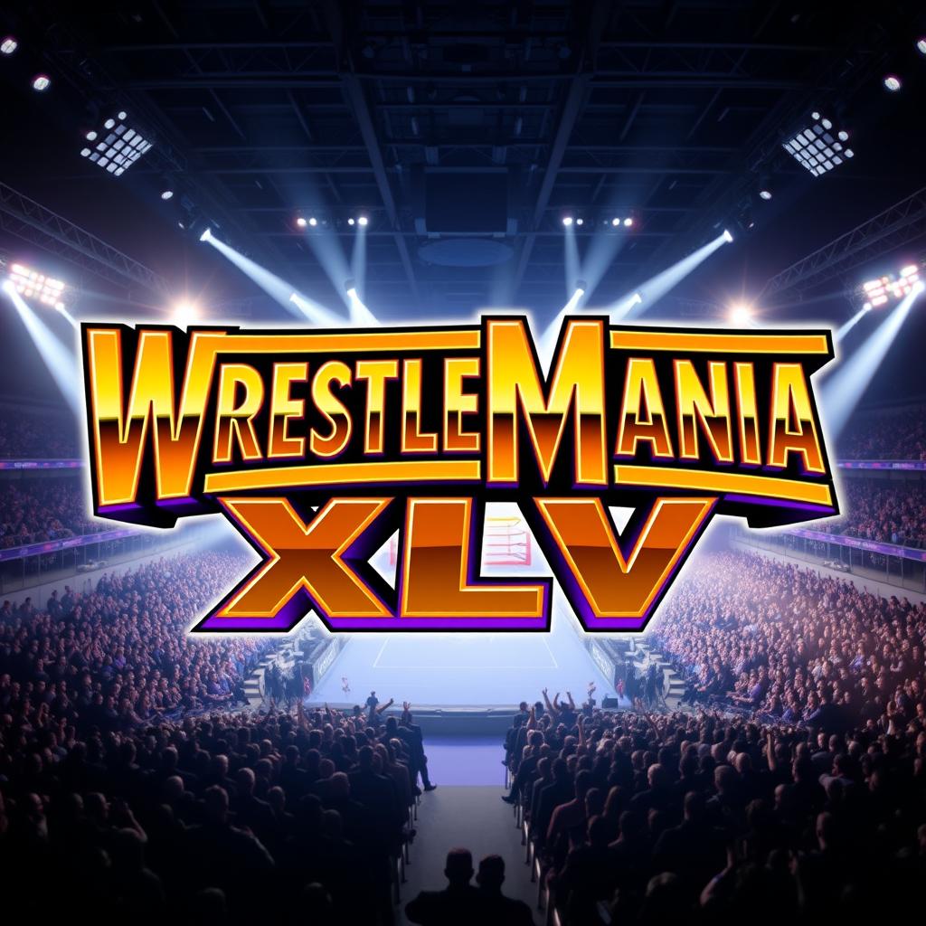 A logo design for WrestleMania XLV, featuring bold, dynamic text in an imposing wrestling theme