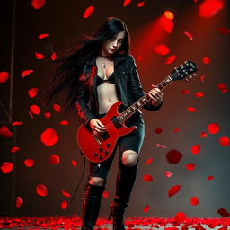 A charismatic Latina vampire rockstar with mesmerizing red eyes and long, flowing dark hair stands striking a dynamic guitar-playing pose on a dimly lit stage