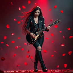 A charismatic Latina vampire rockstar with mesmerizing red eyes and long, flowing dark hair stands striking a dynamic guitar-playing pose on a dimly lit stage