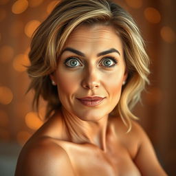 A stunning 50-year-old woman, facing the camera directly with an expression of genuine surprise and beauty