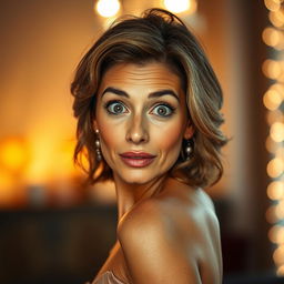 A stunning 50-year-old woman, facing the camera directly with an expression of genuine surprise and beauty