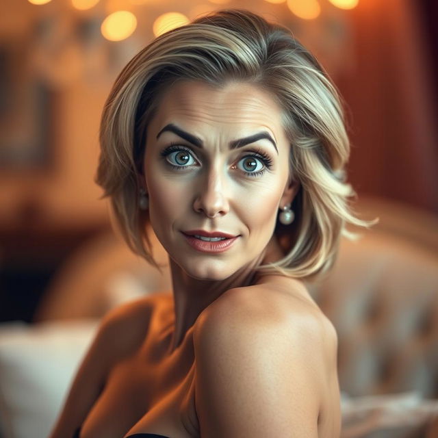 A stunning 50-year-old woman, facing the camera directly with an expression of genuine surprise and beauty
