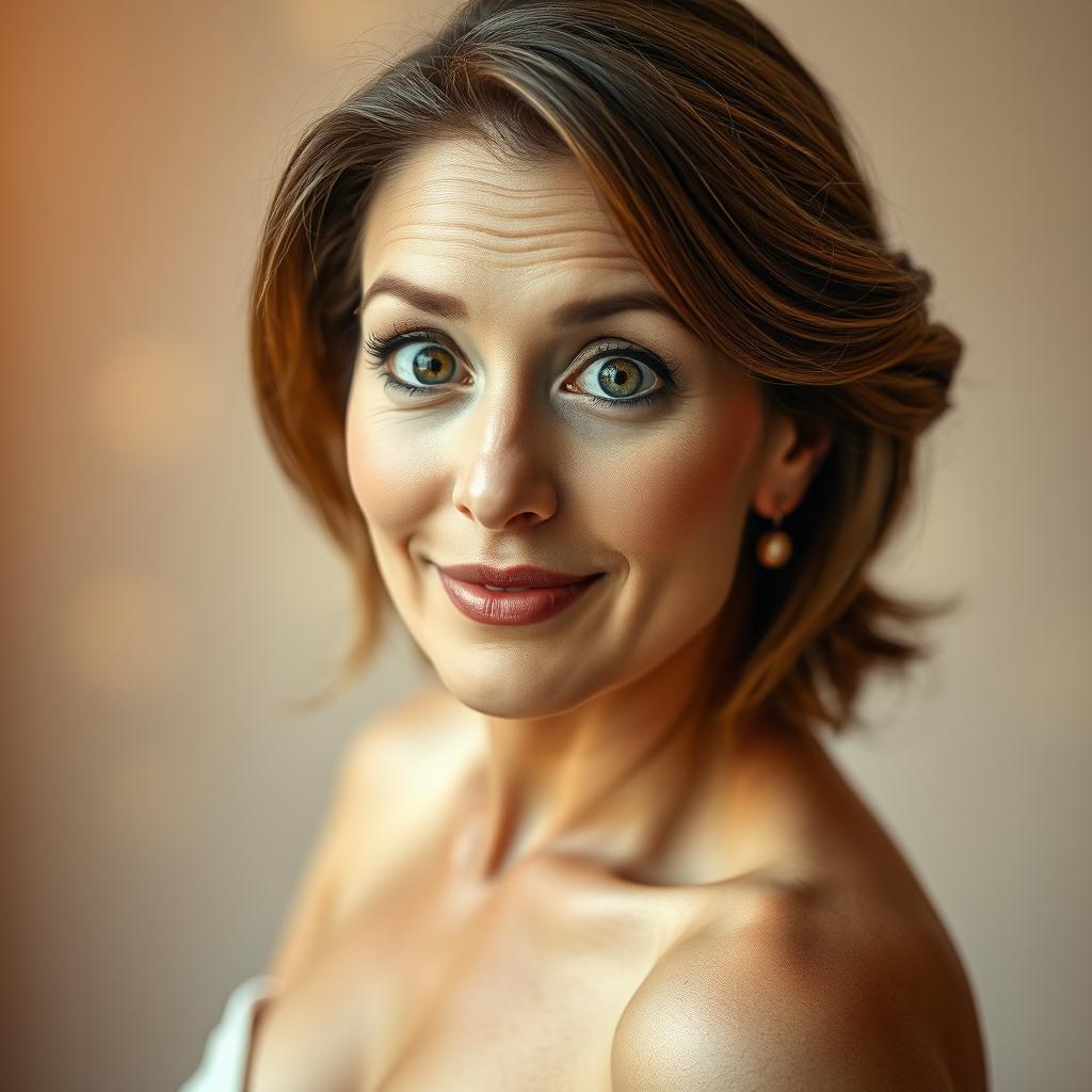 A stunning 50-year-old woman, facing the camera directly with an expression of genuine surprise and beauty