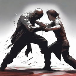 A high-quality digital art image depicting a tense scene where a person is stabbing another person in the stomach with a dagger