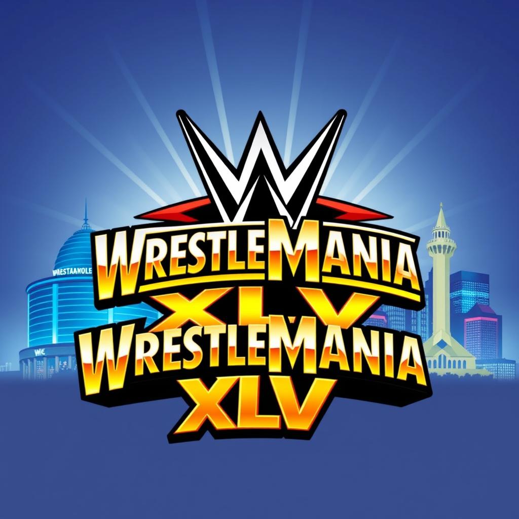 A vibrant and dynamic logo design for WrestleMania XLV, prominently featuring the iconic WWE logo integrated into a striking scene representing Indianapolis