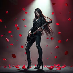 A charismatic Latina vampire rockstar with mesmerizing red eyes and long, flowing dark hair stands in a dynamic guitar-playing pose on a dimly lit stage