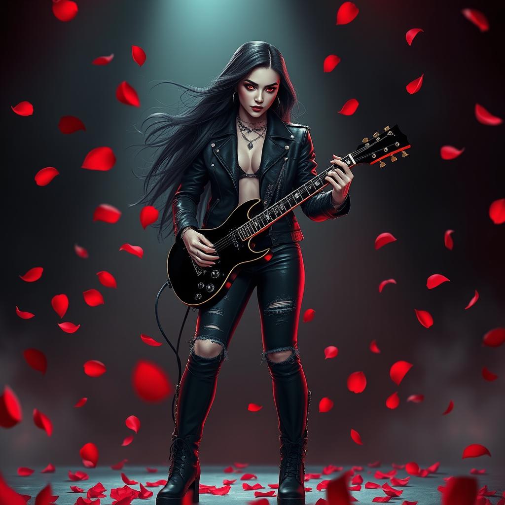 A charismatic Latina vampire rockstar with mesmerizing red eyes and long, flowing dark hair stands in a dynamic guitar-playing pose on a dimly lit stage