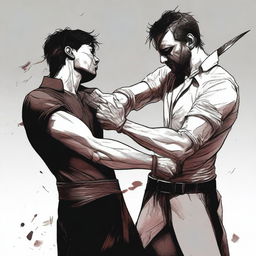 A high-quality digital art image depicting a tense scene where a person is stabbing another person in the stomach with a dagger