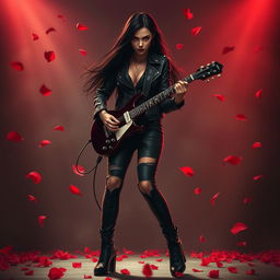 A charismatic Latina vampire rockstar with mesmerizing red eyes and long, flowing dark hair stands in a dynamic guitar-playing pose on a dimly lit stage