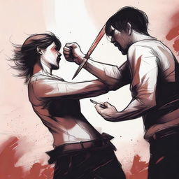 A high-quality digital art image depicting a tense scene where a person is stabbing another person in the stomach with a dagger