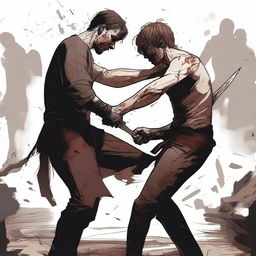 A high-quality digital art image depicting a tense scene where a person is stabbing another person in the stomach with a dagger