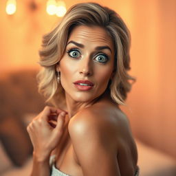 A beautiful 50-year-old woman with an enchanting expression of surprise, looking directly at the camera