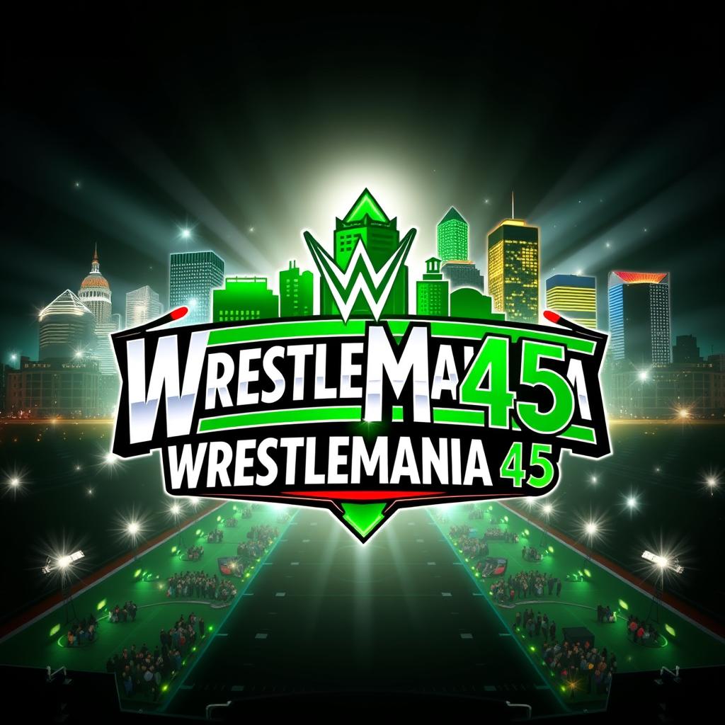 A creative design for the Wrestlemania 45 logo, prominently featuring the city skyline of Indianapolis as a backdrop